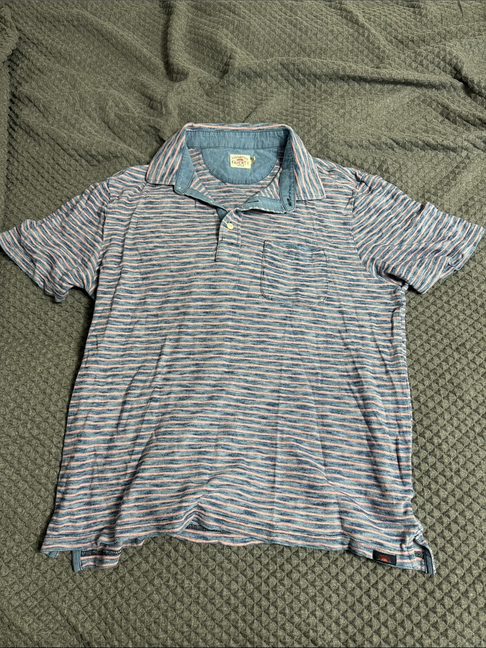 Faherty Striped Polo in Blue and Gray with Subtle Pink